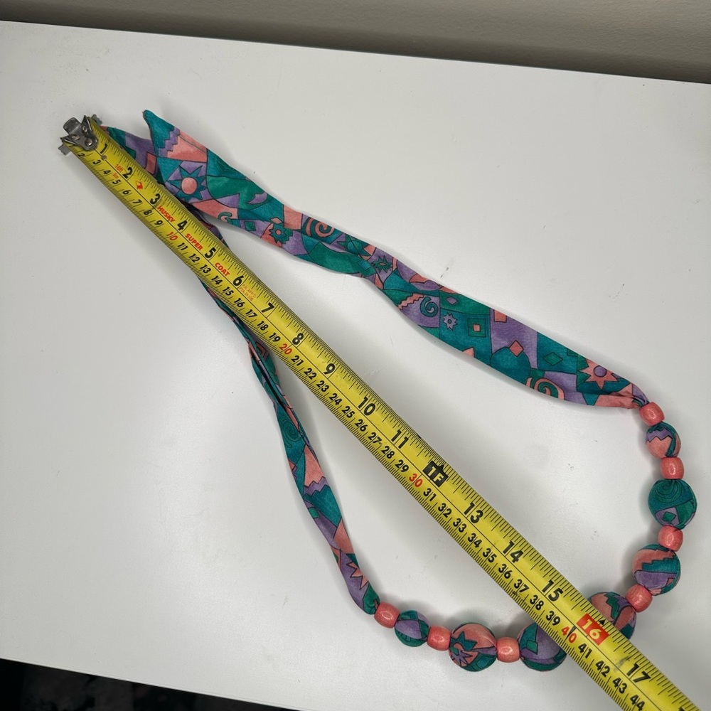 VTG 80s Fabric Bead Necklace Multicolor Geometric Print Jewelry Adjustable Tie - Picture 6 of 6